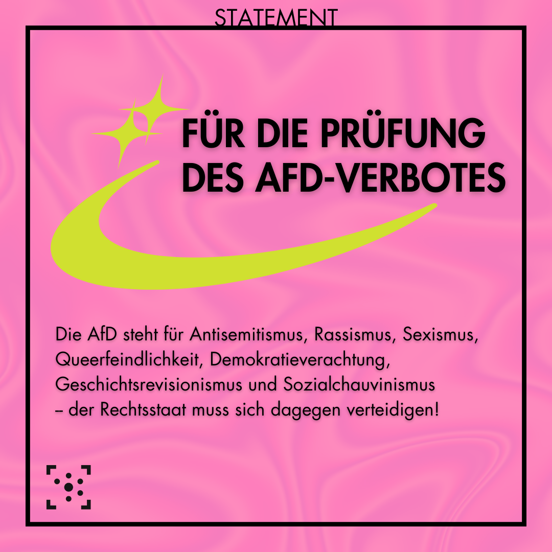 Der Hintergrund ist pink mit sanften Wirbeln. Die Grafik ist schwarz umrahmt, am Rahmen steht "Statement". Innerhalb des Rahmens ist ein neongrüner Bogen, der an den Pfeil der AfD erinnert. Daran sind zwei Sterne, ebenfalls in neongrün. An dieser Grafik steht "Für die Prüfung des AfD-Verbotes" und darunter steht: "Die AfD steht für Antisemitismus, Rassismus, Sexismus, Queerfeindlichkeit, Demokratieverachtung, Geschichtsrevisionismus und Sozialchauvinismus -- der Rechtsstaat muss sich dagegen verteidigen!" Am linken unteren Bildrand ist das Logo des Stura Halle.